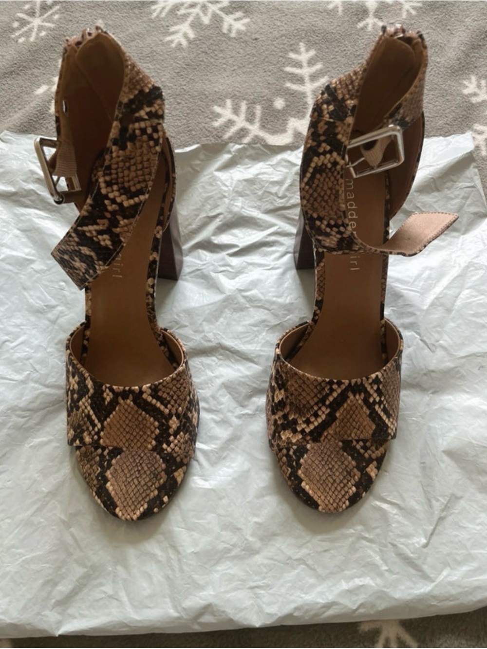 Madden Girl Tan and Black Snake-Print Ankle Strap Block Heels
